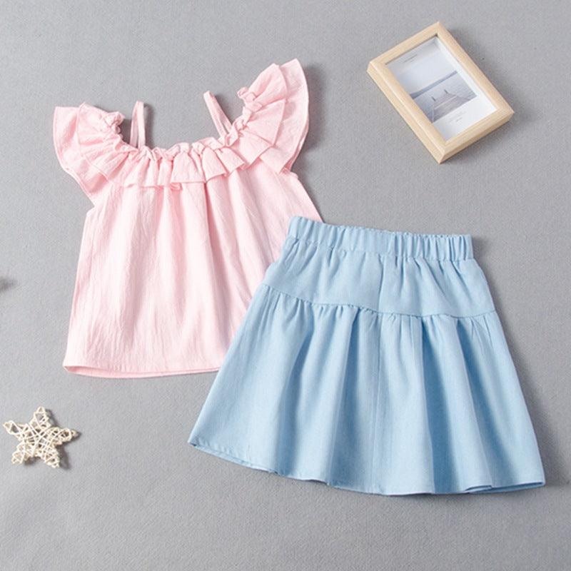 One word shoulder lotus leaf side top A-word skirt set bow skirt set - PrettyKid