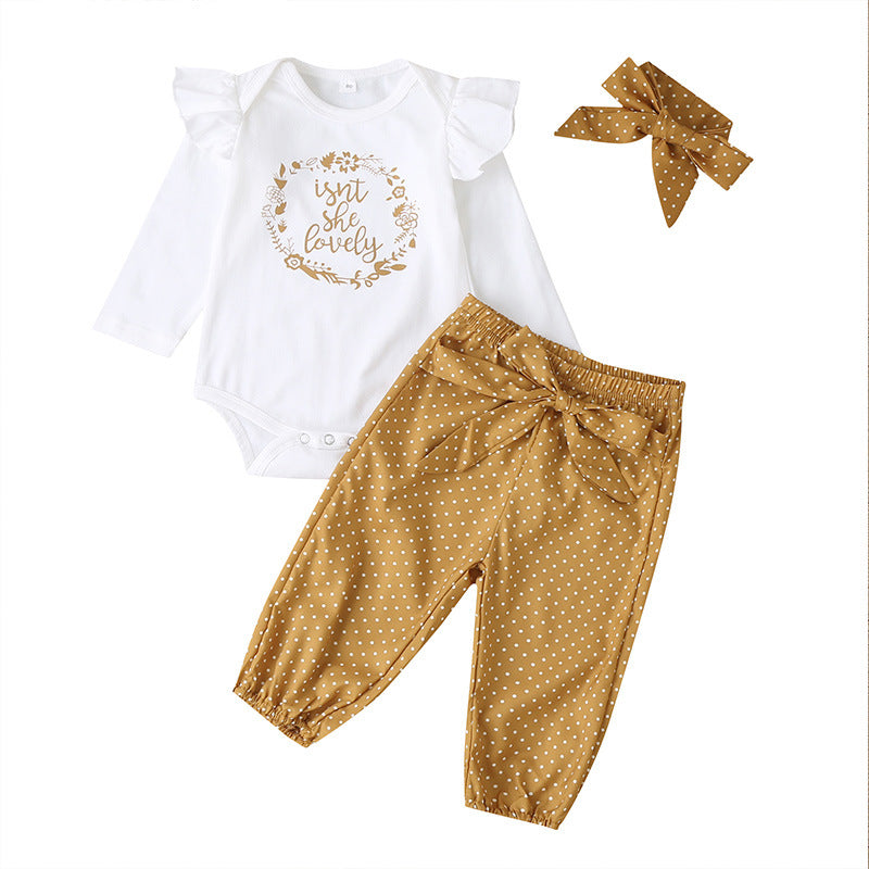 Baby Girl Solid Color Letters Long Sleeve Jumpsuit Polka Dot Print Pants Hair Band 3PCS - PrettyKid