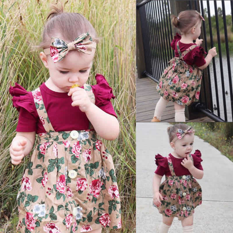 Baby Girl Solid Short Sleeved Romper Floral Print Suspender Skirt Hair Set - PrettyKid