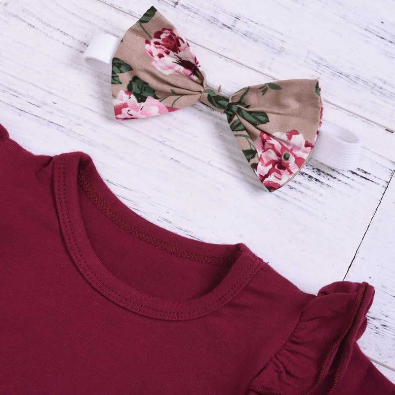 Baby Girl Solid Short Sleeved Romper Floral Print Suspender Skirt Hair Set - PrettyKid