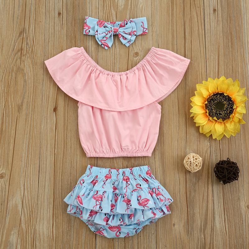 Baby Girl Ruffle Collar Top & Flamingo Print Layered Shorts & Headband - PrettyKid