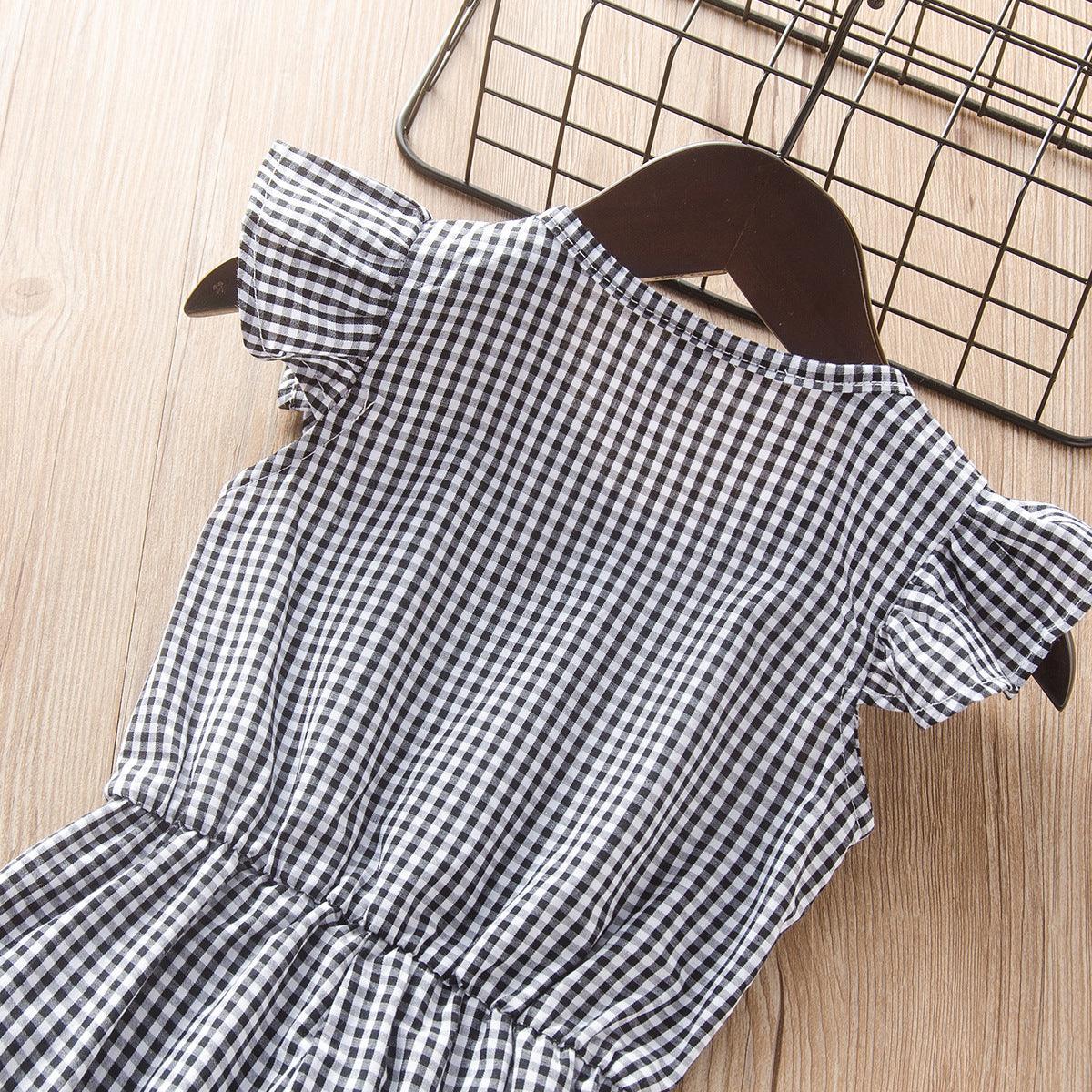 Summer toddler kids girls' fly sleeve solid check Jumpsuit - PrettyKid