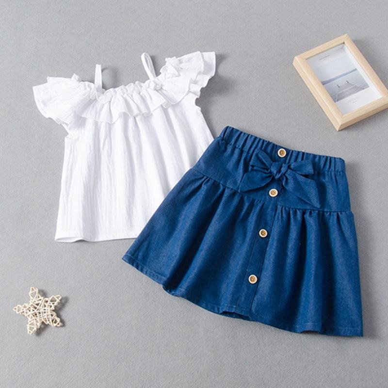 One word shoulder lotus leaf side top A-word skirt set bow skirt set - PrettyKid