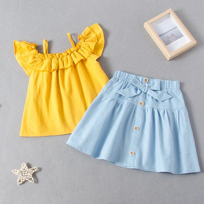 One word shoulder lotus leaf side top A-word skirt set bow skirt set - PrettyKid