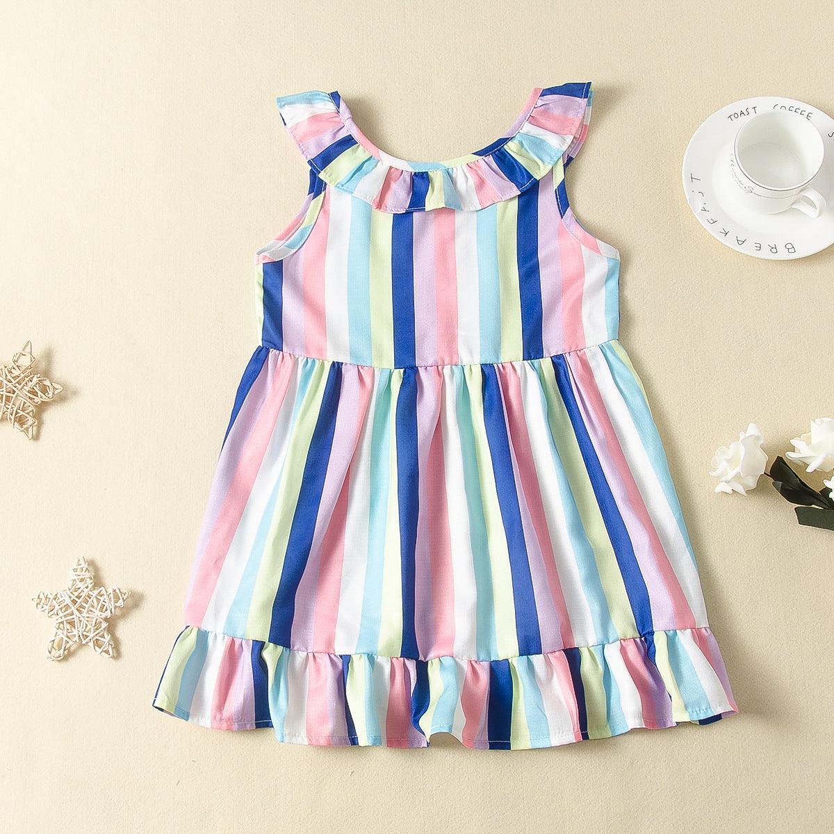 Toddler kids girls' sleeveless colorful striped ruffled dress - PrettyKid