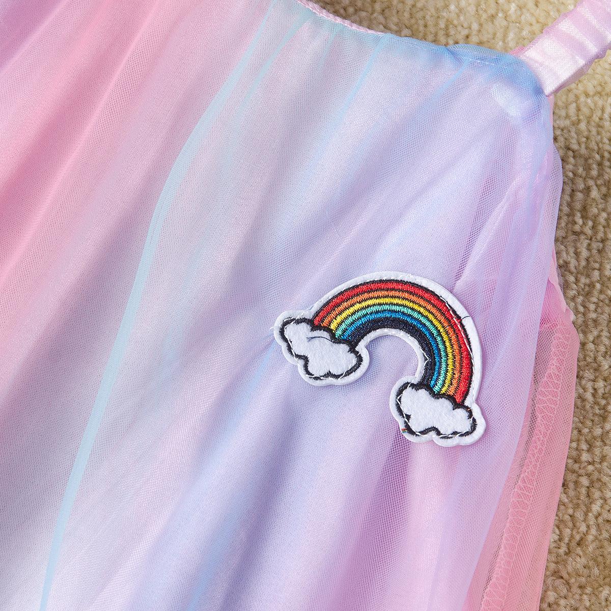 Toddler kids girls' sleeveless striped rainbow suspender veil dress - PrettyKid