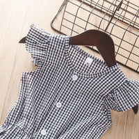 Summer toddler kids girls' fly sleeve solid check Jumpsuit - PrettyKid