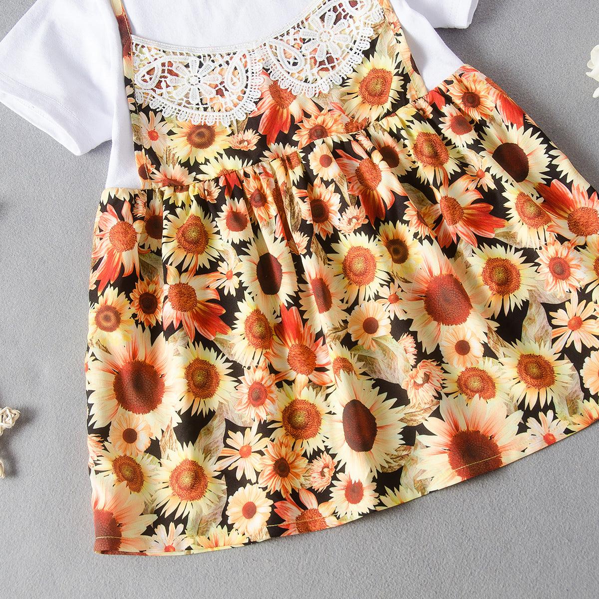 Kids girls' suspenders mosaic sunflower print dress - PrettyKid