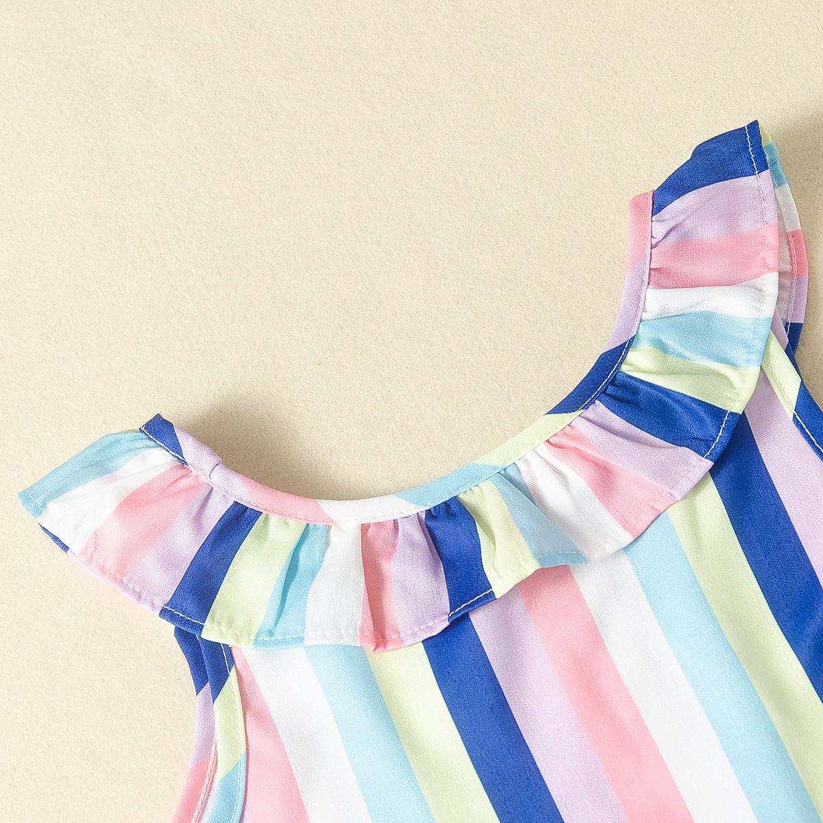 Toddler kids girls' sleeveless colorful striped ruffled dress - PrettyKid