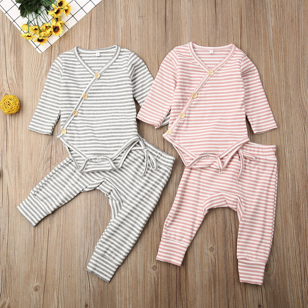 Baby Boys Girls Knitted Stripe Printed Diagonal Button Romper Long Sleeve Suit - PrettyKid