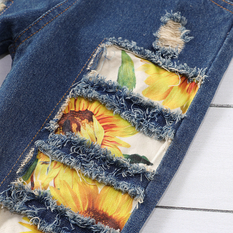 Toddler Girls Sunflower Printed Perforated Denim Suspenders - PrettyKid