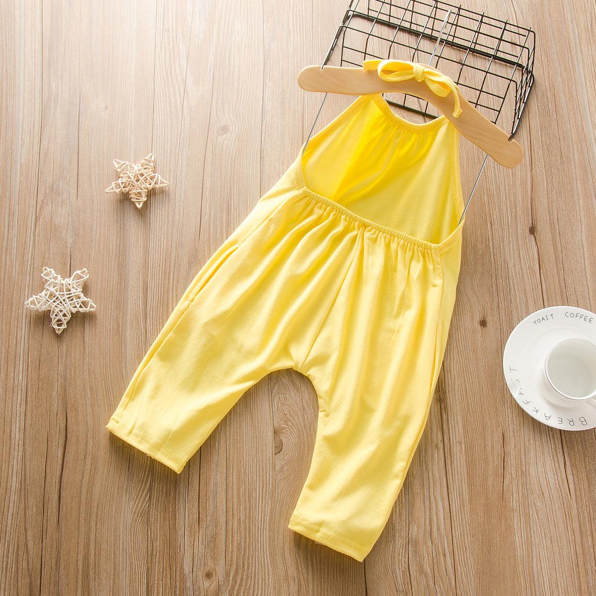 Toddler kids girls summer tie neck exposed jumpsuit - PrettyKid