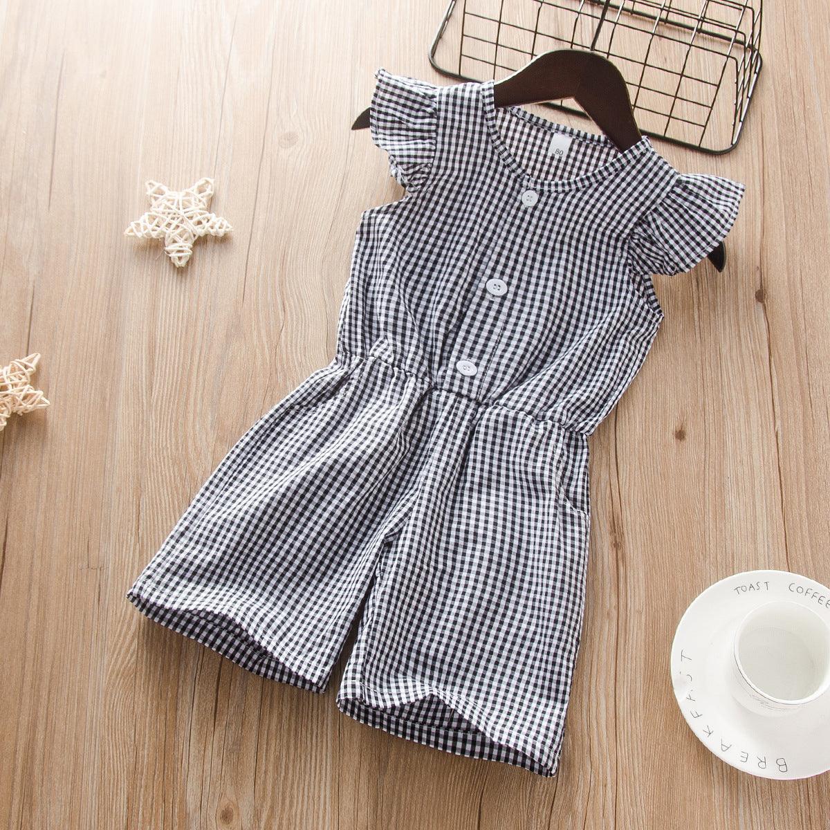 Summer toddler kids girls' fly sleeve solid check Jumpsuit - PrettyKid