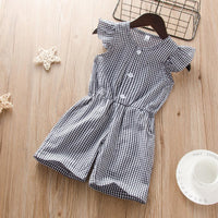 Summer toddler kids girls' fly sleeve solid check Jumpsuit - PrettyKid