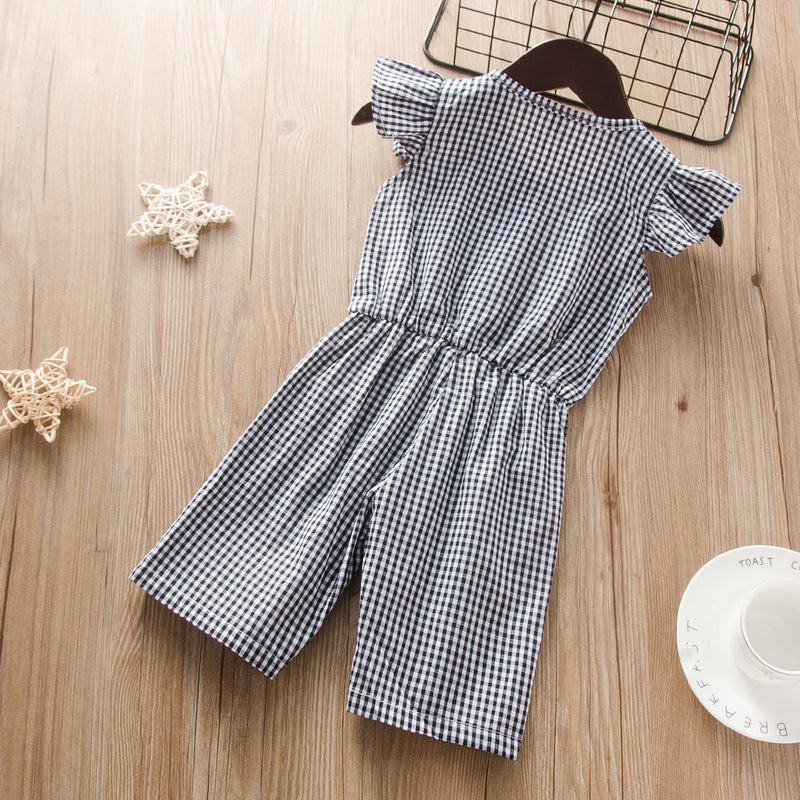 Summer toddler kids girls' fly sleeve solid check Jumpsuit - PrettyKid