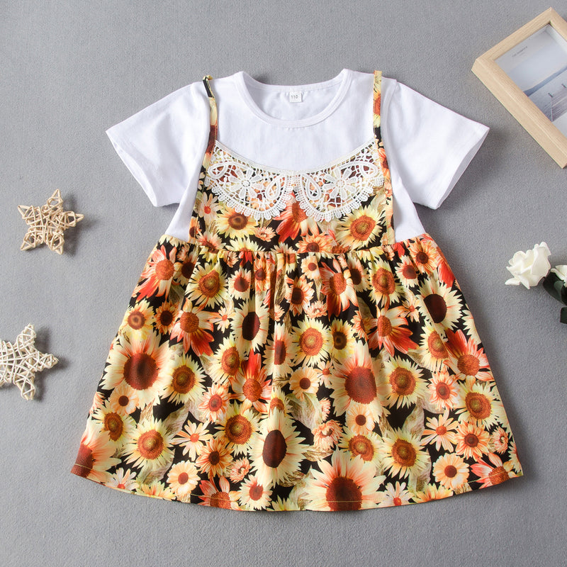 Kids girls' suspenders mosaic sunflower print dress - PrettyKid