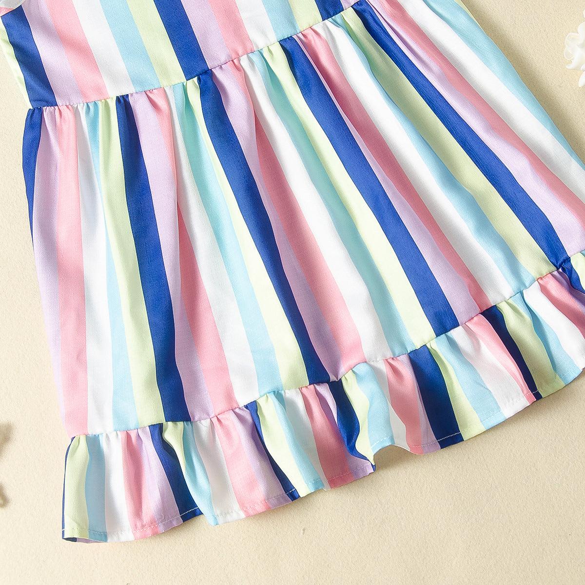 Toddler kids girls' sleeveless colorful striped ruffled dress - PrettyKid