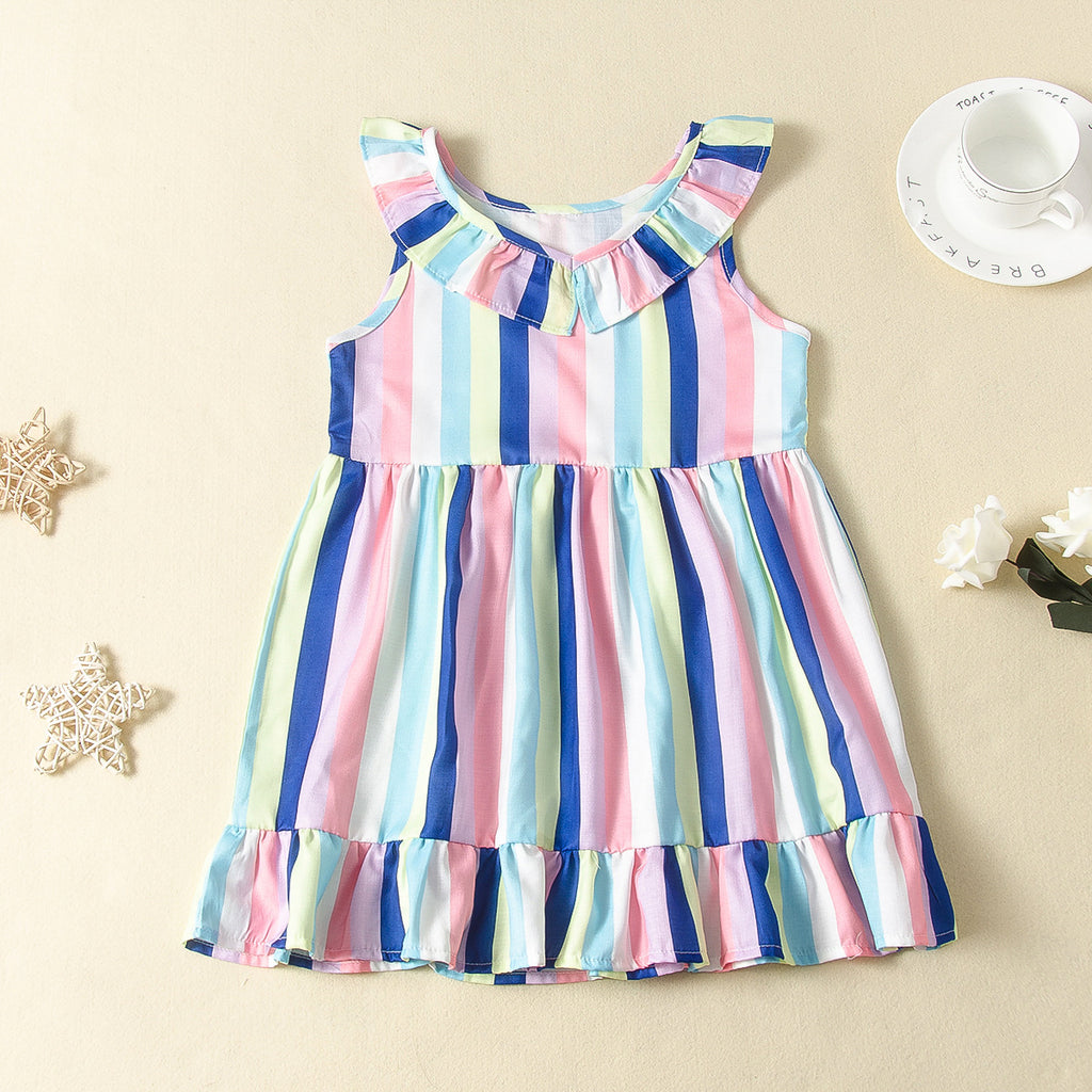 Toddler kids girls' sleeveless colorful striped ruffled dress - PrettyKid