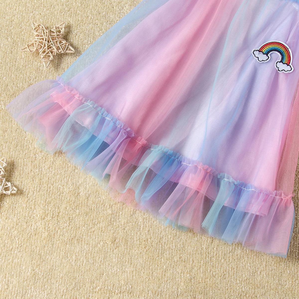 Toddler kids girls' sleeveless striped rainbow suspender veil dress - PrettyKid