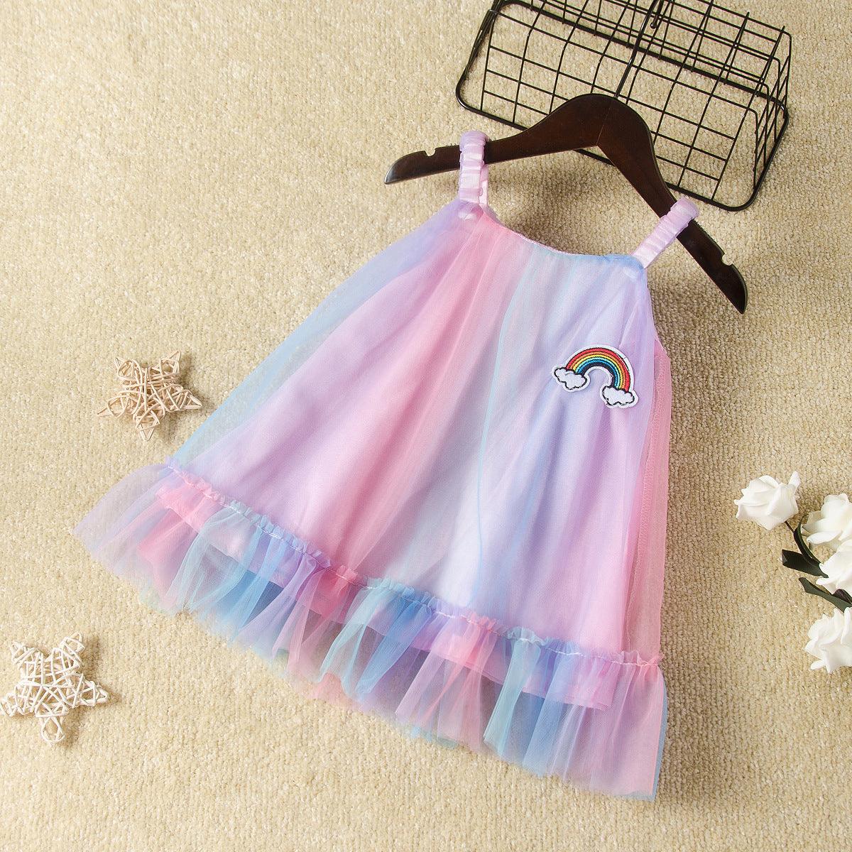 Toddler kids girls' sleeveless striped rainbow suspender veil dress - PrettyKid