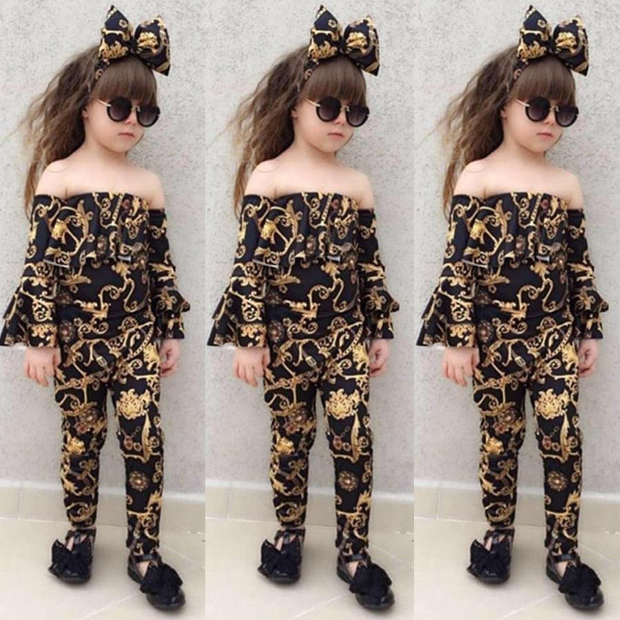 Girls' Off Shoulder Trumpet Sleeve Top Pants Hair Band Set - PrettyKid