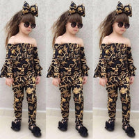 Girls' Off Shoulder Trumpet Sleeve Top Pants Hair Band Set - PrettyKid