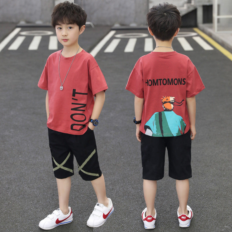 Boys Solid Color Letter Cartoon Animation Print Short Sleeve T-shirt Shorts Summer Suit - PrettyKid