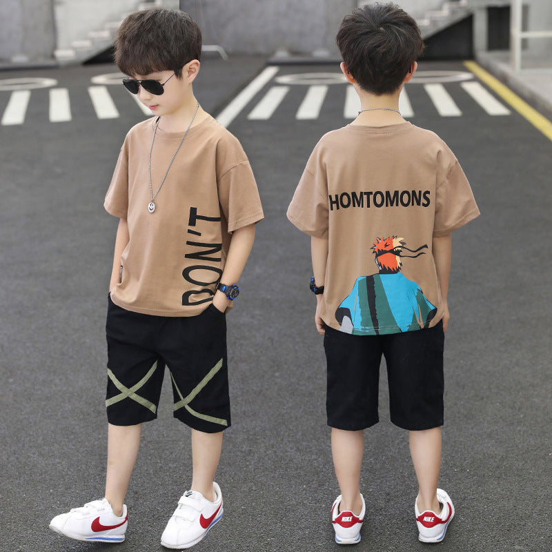Boys Solid Color Letter Cartoon Animation Print Short Sleeve T-shirt Shorts Summer Suit - PrettyKid