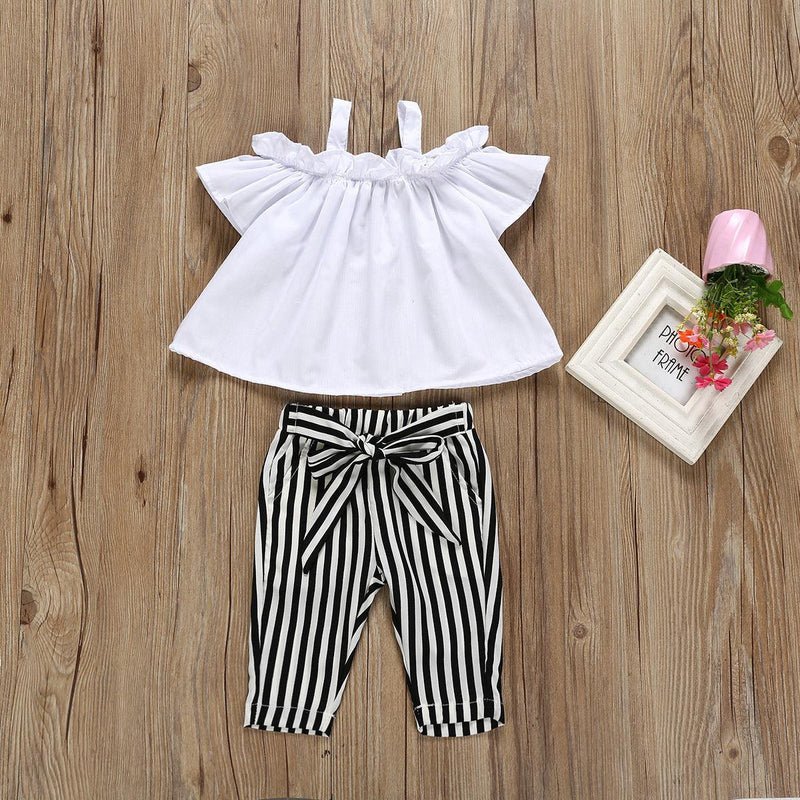 Toddler Kid Girls' Suspender Shoulder Top Striped Bow Striped Pants Suit - PrettyKid