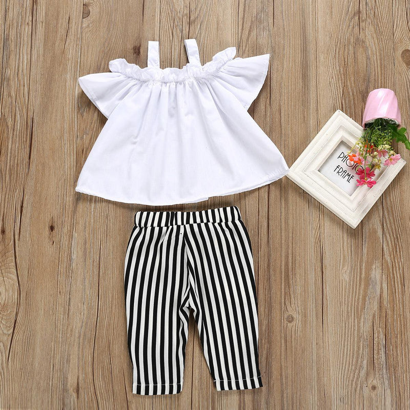 Toddler Kid Girls' Suspender Shoulder Top Striped Bow Striped Pants Suit - PrettyKid