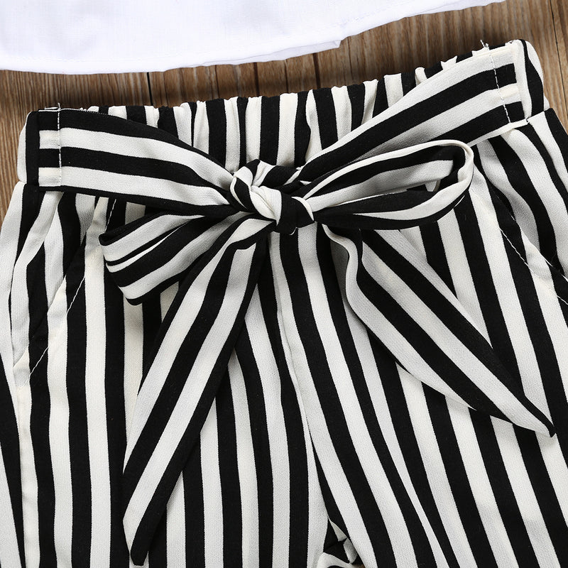 Toddler Kid Girls' Suspender Shoulder Top Striped Bow Striped Pants Suit - PrettyKid