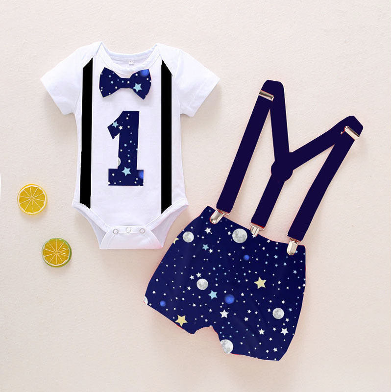 Birthday Bowtie Bodysuits And Galaxy Print Suspender Shorts Wholesale Baby Clothes Sets - PrettyKid