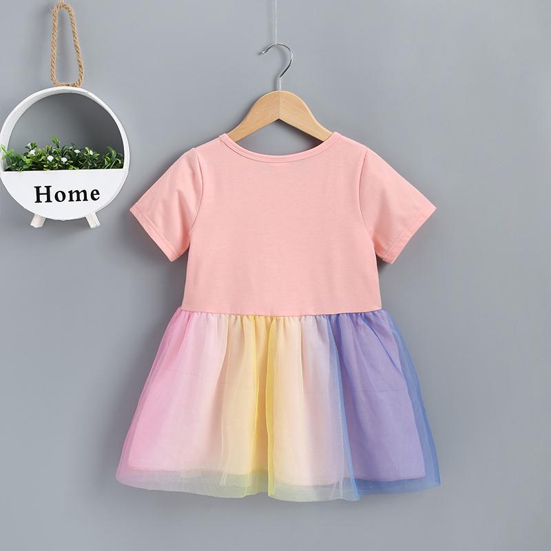 Girl's Short Sleeve Cartoon Printing Mesh Splice Dress - PrettyKid