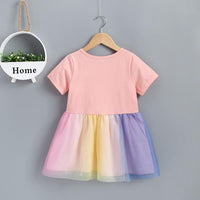 Girl's Short Sleeve Cartoon Printing Mesh Splice Dress - PrettyKid