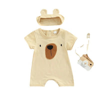 Baby Bear Print Bodysuit And Headband Baby One Piece Jumpsuit - PrettyKid