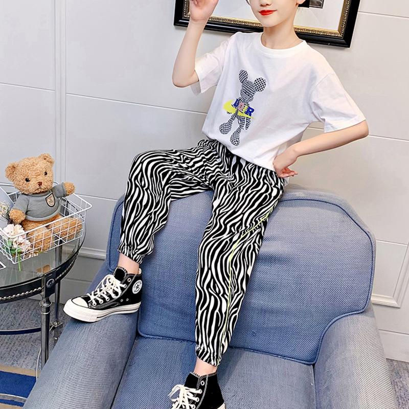 Girl Bear Pattern T-shirt & Zebra Stripe Print Pants - PrettyKid