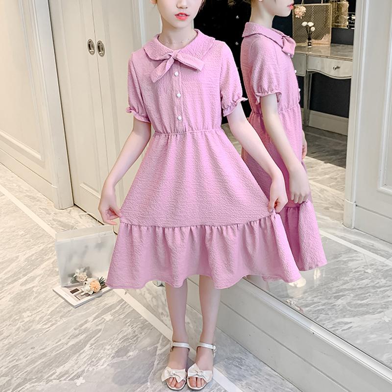 Kid Girl Solid Color Lapel Ruffle Hem Dress - PrettyKid