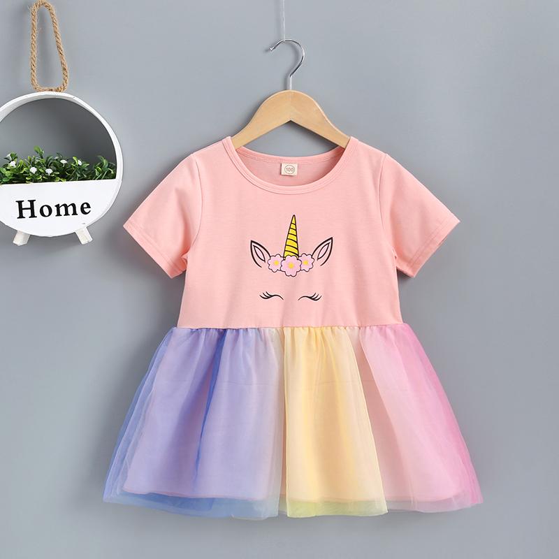 Girl's Short Sleeve Cartoon Printing Mesh Splice Dress - PrettyKid