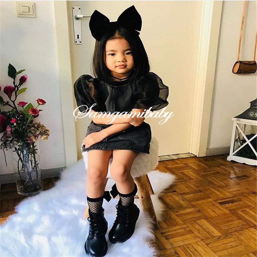 Toddler Kids Girls Black Short Sleeve T-shirt Denim Strap Skirt Set Wholesale Girls Boutique Clothing - PrettyKid