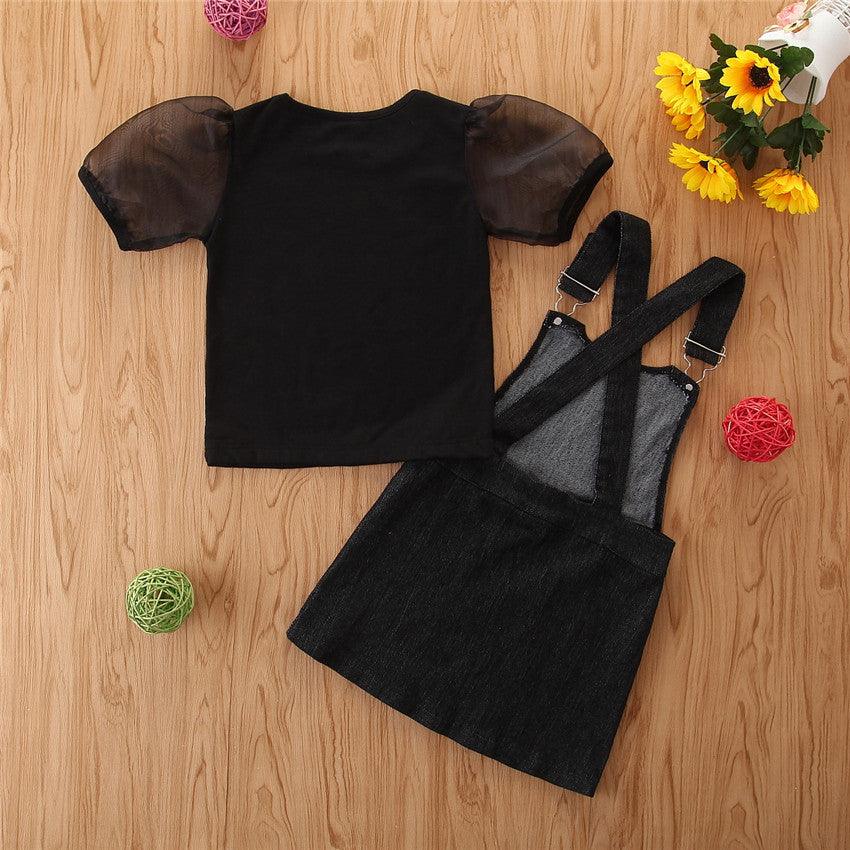 Toddler Kids Girls Black Short Sleeve T-shirt Denim Strap Skirt Set Wholesale Girls Boutique Clothing - PrettyKid