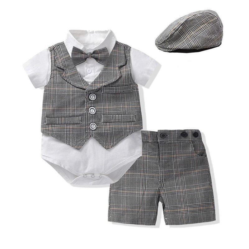 Baby Boys Suit Sets Plaid Vest Bowtie Shirt & Short & Hats Wholesale Baby Clothes - PrettyKid