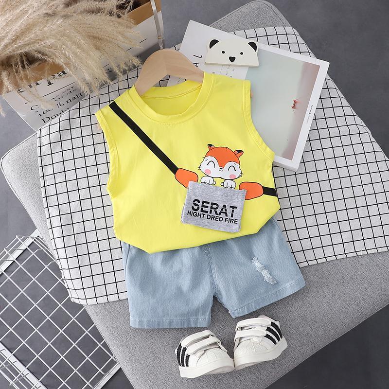 Toddler Boy Cartoon Fox Pattern Letter Print Sleeveless Top & Denim Shorts - PrettyKid