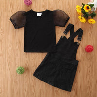 Toddler Kids Girls Black Short Sleeve T-shirt Denim Strap Skirt Set Wholesale Girls Boutique Clothing - PrettyKid