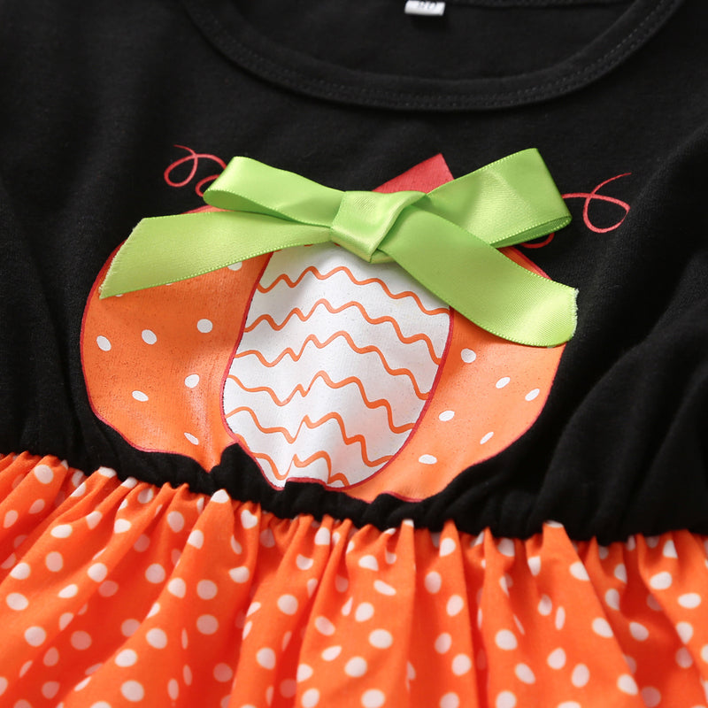 Girls Pumpkin Polka Dot Lace Long Sleeve Girls Dress Wholesale - PrettyKid