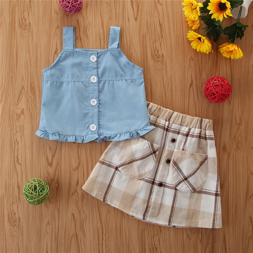 Toddler Kids Girls Solid Color Plaid Skirt Two-piece Suit Trendy Girl Clothes Wholesale - PrettyKid