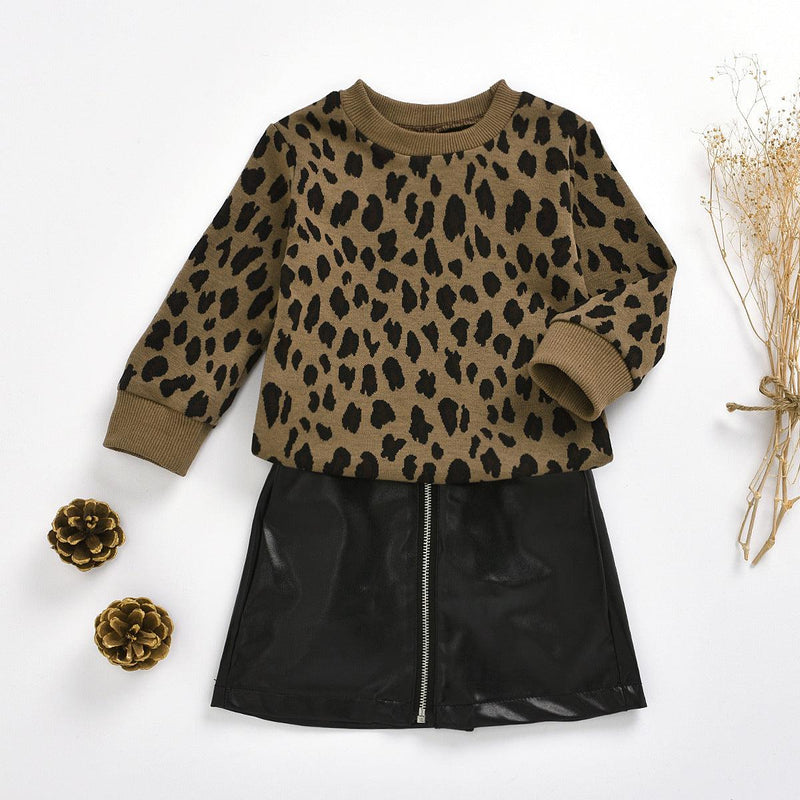 Children's Girls Leopard Long Sleeve Sweater PU Leather Skirt Set - PrettyKid