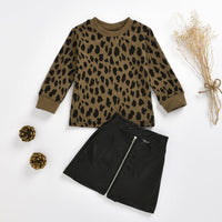 Children's Girls Leopard Long Sleeve Sweater PU Leather Skirt Set - PrettyKid