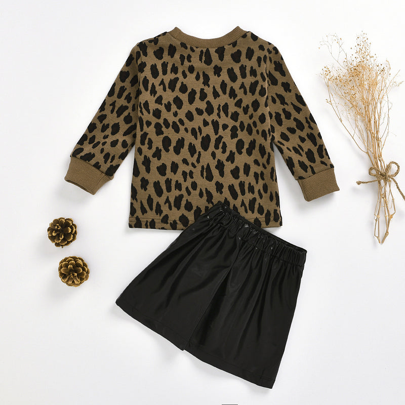 Children's Girls Leopard Long Sleeve Sweater PU Leather Skirt Set - PrettyKid