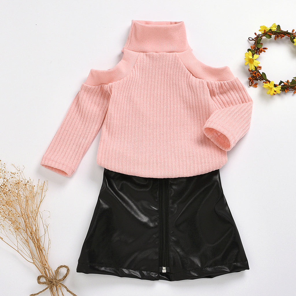 Toddler Kids Girls' Solid Color High Neck Knitted Top Short Leather Skirt Set - PrettyKid