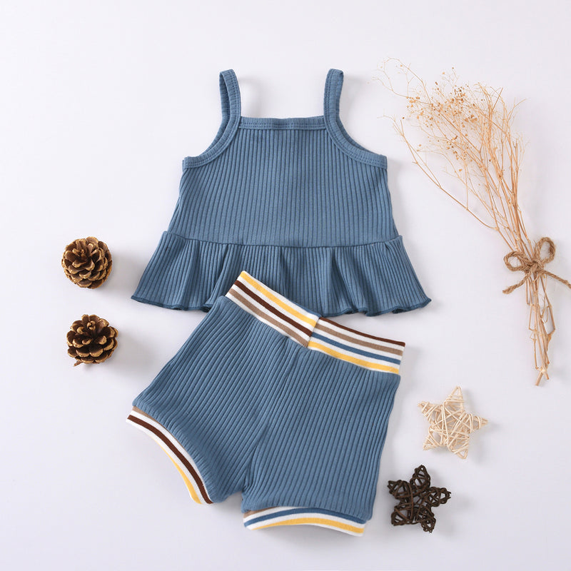 Baby Girls Knitted Suspender Top Rib Shorts Set - PrettyKid